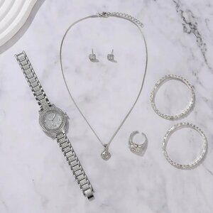 6PCS Women Jewelry Set - Luxury Elegant Alloy Crystal Wristwatch Dubai Style